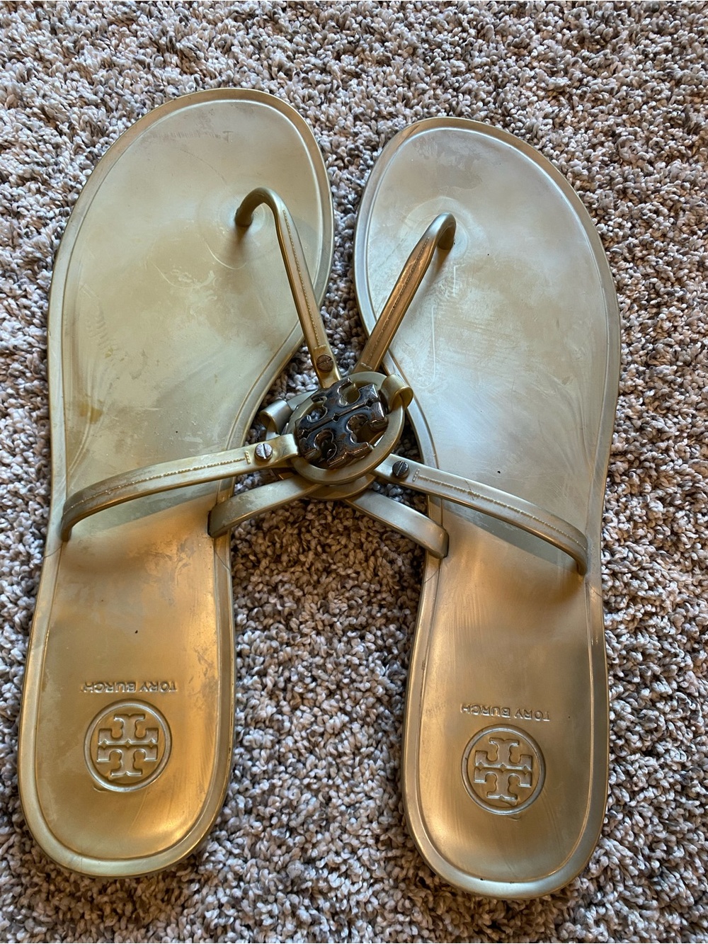Tory Burch Metallic Gold Logo Jelly Sandals